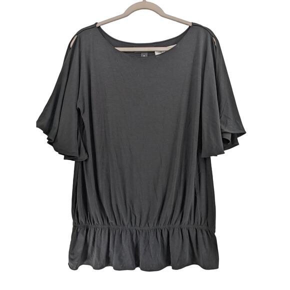 INC International Concept Peplum Blouse M Black Cold Shoulder Flutter Sleeve Top - Picture 1 of 10
